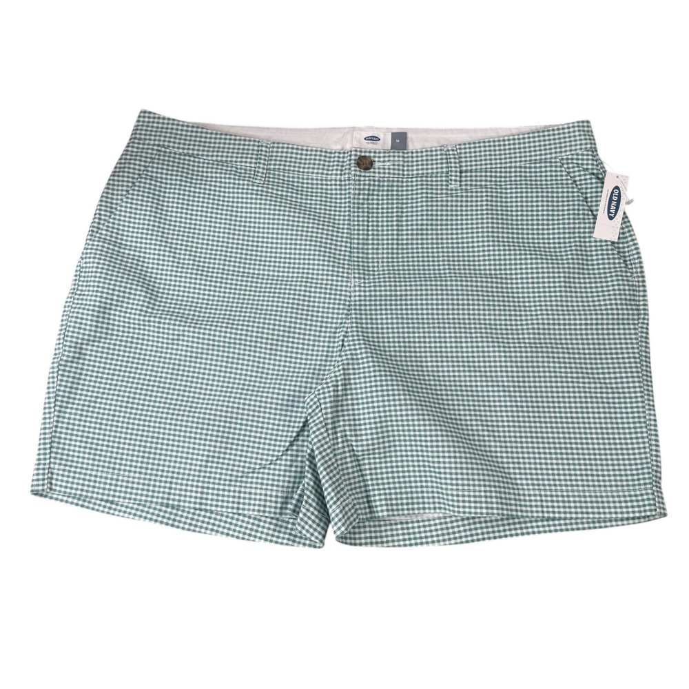 Old Navy Women Green White Gingham Everyday Chino Shorts Size 16 100% Cotton Nwt
